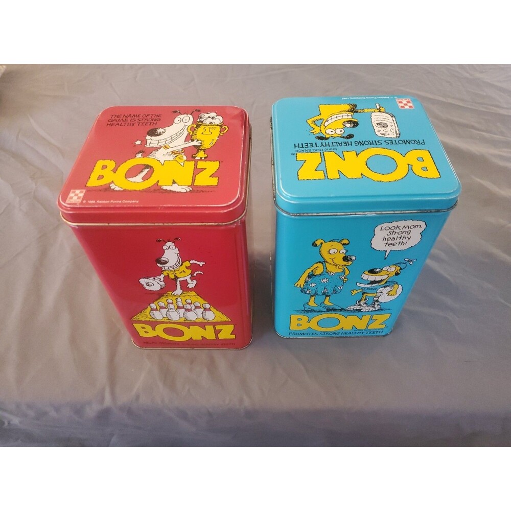 2 Vintage Bonz 1989 Purina Dog Treat Tins Dental Treats Sports Ralston Purina